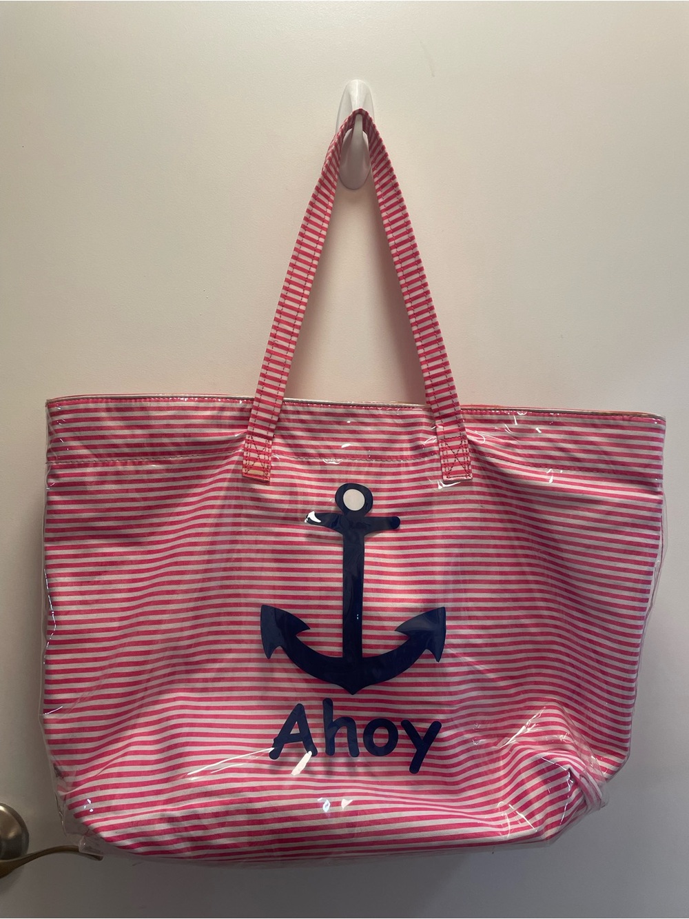 Pink White Striped Anchor ‘Ahoy’ Nautical Vinyl Tote Bag Beach Summer